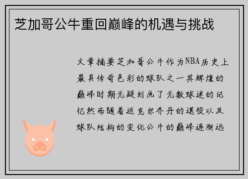 芝加哥公牛重回巅峰的机遇与挑战 芝加哥公牛重回巅峰的机遇与挑战